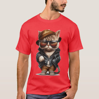 Camiseta Gato de desenho fofo vestido com roupas e óculos d