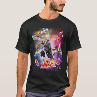 Camiseta Gato de Espaço Olho Laser no Dinossauro Vaca Arco-