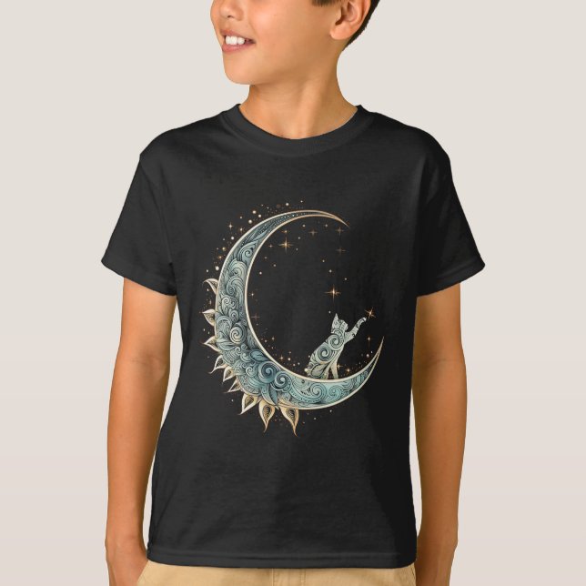 Camiseta Gato De Estética Mística Sentado Em Lua Crescente  (Frente)
