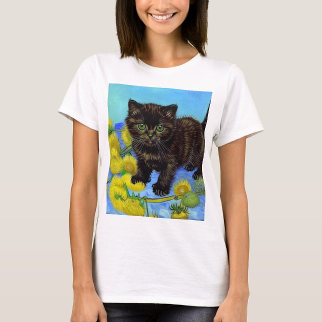 Camiseta Gato de estilo Van Gogh com Sunflower (Frente)