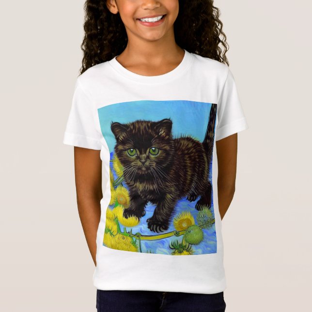 Camiseta Gato de estilo Van Gogh com Sunflower (Frente)