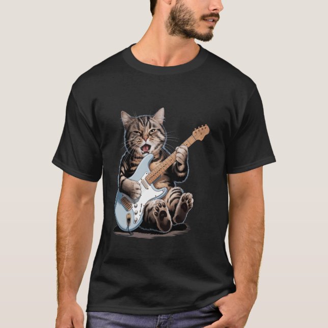 Camiseta Gato de Estrela de Rock Engraçado Tocando Guitarra (Frente)