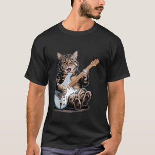 Camiseta Gato de Estrela do Rock Engraçado Tocando Guitarra