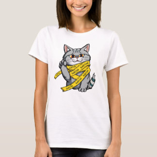 Camiseta Gato de fita de precaução - Cinza engraçada por ta