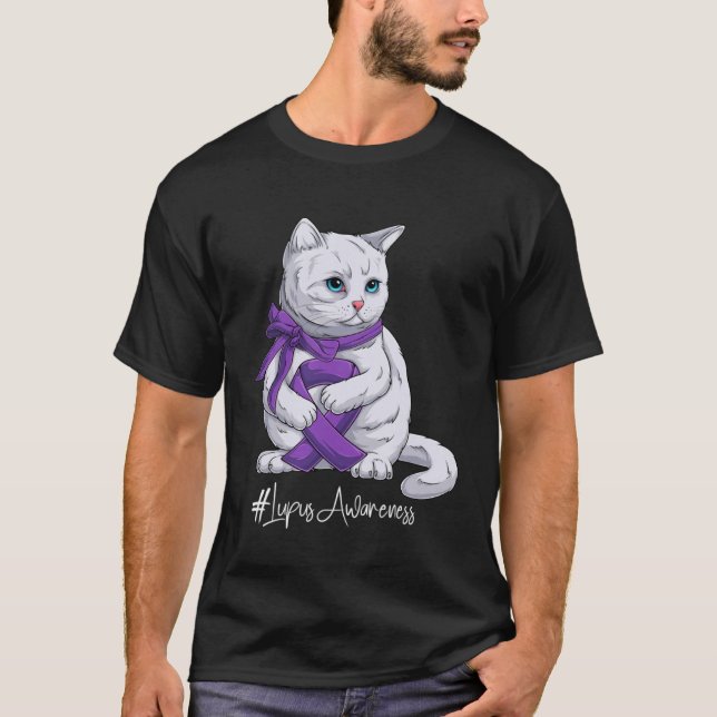 Camiseta Gato de Fita Roxa do Mês de Consciência do Lupus (Frente)
