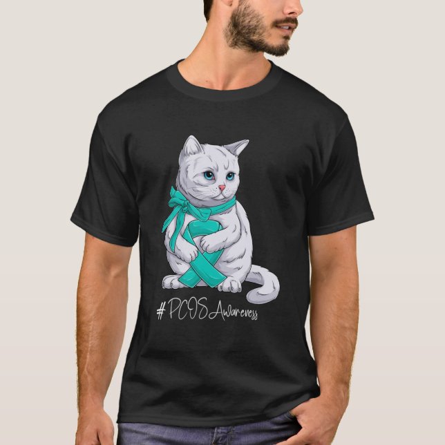Camiseta Gato de Fita Teal Mês de Sensibilização PCOS (Frente)