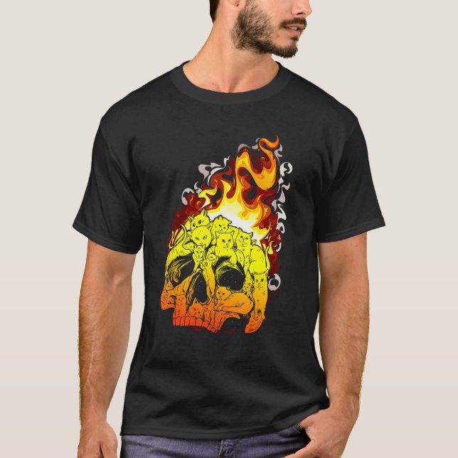 Camiseta Gato de Fogo Cabeça Queimando Caveira Cabeça Osso  (Frente)