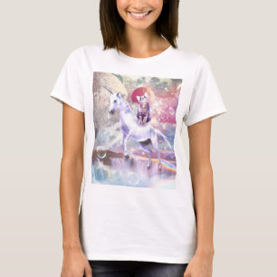 Camiseta Gato de galáxia arco-íris cavalgando unicórnio no