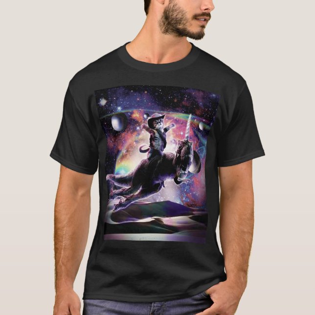 Camiseta Gato De Galáxia No Dinossauro Unicórnio No Espaço (Frente)