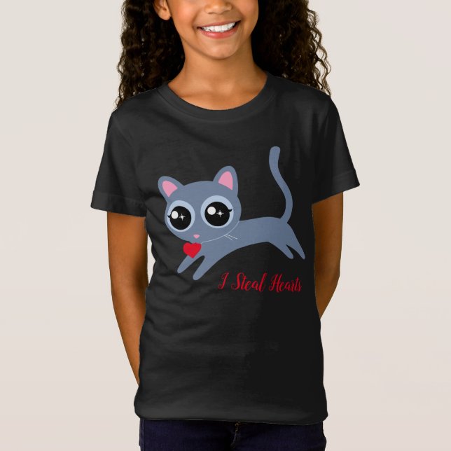 Camiseta Gato de Gatinha Bonita Roubo Corações Presentes pa (Frente)