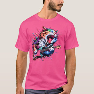 Camiseta Gato de Gatinha tocando violão Gato de rock Heavy
