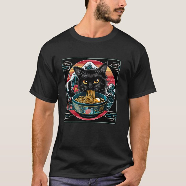 Camiseta Gato de Gatinho de Arte Japonês Lover Cute Ramen (Frente)