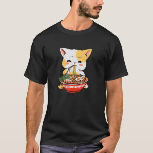 Camiseta Gato de Gato de Animo Kawaii Comendo Ramen Japonê