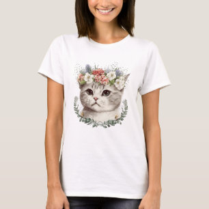 Camiseta Gato de Gato Floral de Aquarela