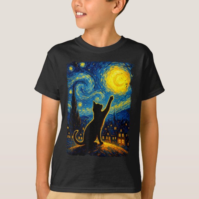 Camiseta Gato de Gato Negro Starry Night Van Gogh, Cat Mãe, (Frente)