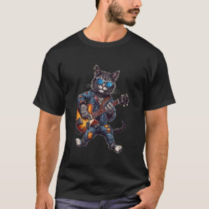 Camiseta Gato de Guitarra Engraçado Tocando Rock and Roll d
