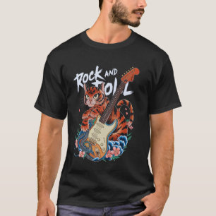 Camiseta Gato de Guitarra Rock and Roll Tatuagem Japonesa C