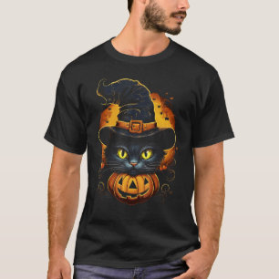 Camiseta Gato de Halloween Abóbora Chapéu de Bruxa Gato Pre