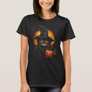 Camiseta Gato de Halloween Abóbora Chapéu de Bruxa Temporad