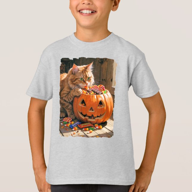Camiseta Gato de Halloween ajudando-se com o doce! (Frente)