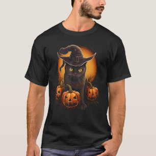 Camiseta Gato de Halloween Arte de Chapéu de Bruxa Abóbora