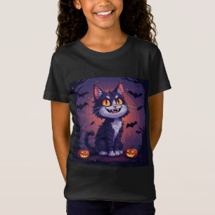 Camiseta Gato de Halloween Brincalhão Com Abóboras e Morceg
