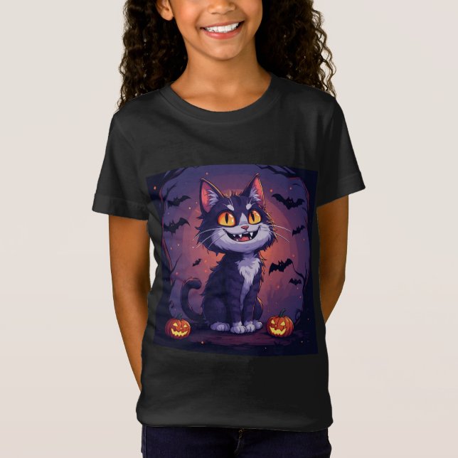Camiseta Gato de Halloween Brincalhão Com Abóboras e Morceg (Frente)