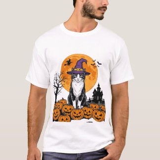 Camiseta Gato de Halloween Bruxa Abóbora Vintage Assustador