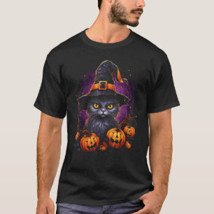 Camiseta Gato de Halloween Bruxa Chapéu Abóbora Jack o Lant