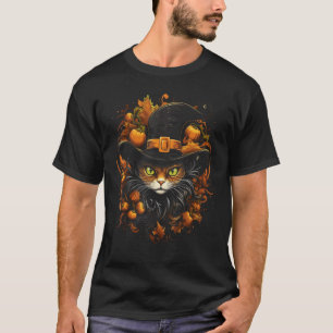 Camiseta Gato de Halloween Bruxa Chapéu Abóbora Outono Outu