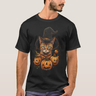 Camiseta Gato de Halloween Bruxa Chapéu Abóboras