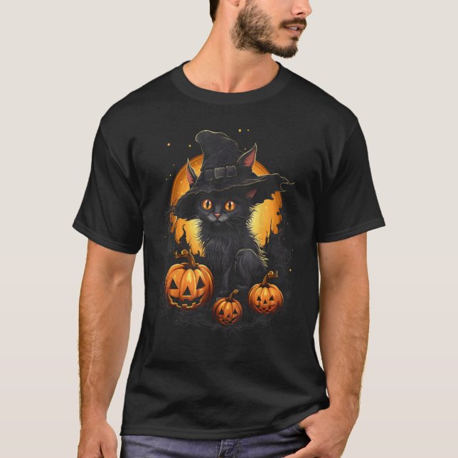 Camiseta Gato de Halloween Bruxa Chapéu JackOLantern (Frente)