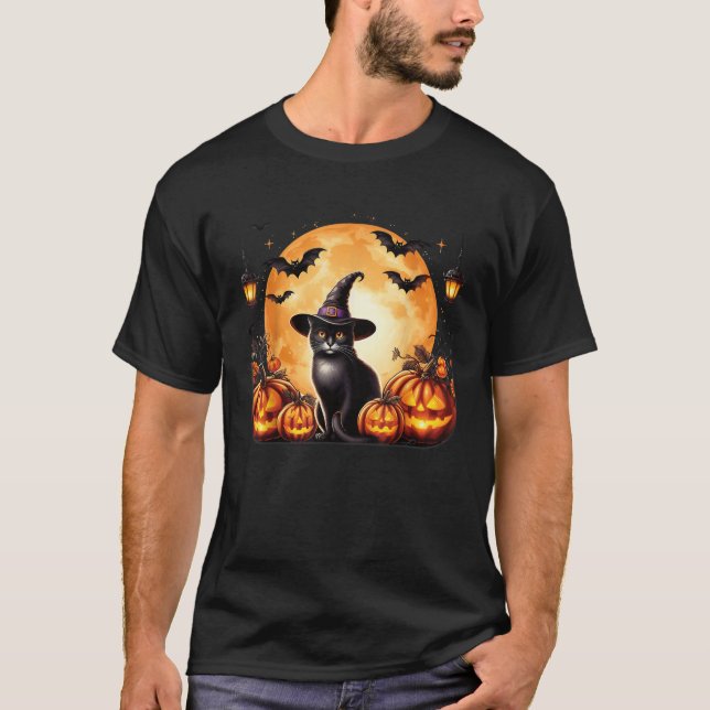 Camiseta Gato de Halloween Cat Pumpkins Retro Black Hallowe (Frente)