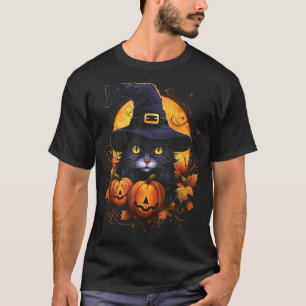Camiseta Gato de Halloween Chapéu de Bruxa Abóbora 1