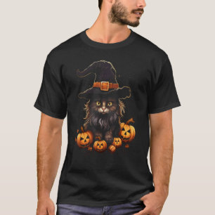 Camiseta Gato de Halloween Chapéu de Bruxa Abóbora Cos