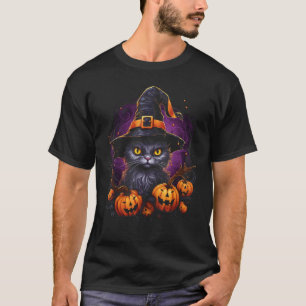 Camiseta Gato de Halloween Chapéu de Bruxa Abóbora Jack o L