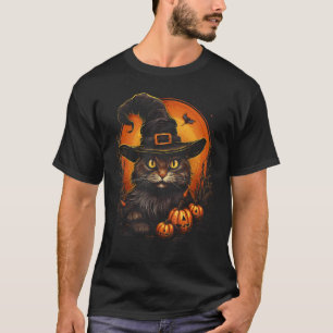Camiseta Gato de Halloween Chapéu de Bruxa Assustador Fofo
