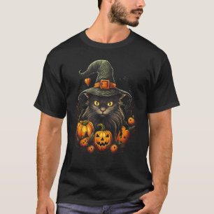 Camiseta Gato de Halloween com Abóbora de Chapéu de Bruxa