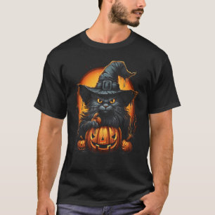 Camiseta Gato de Halloween com Chapéu de Bruxa Abóbora