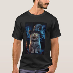Camiseta Gato de Halloween com Presas e Chapéu de Bruxa em