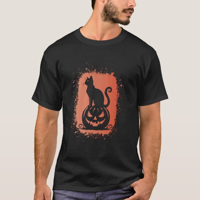 Camiseta Gato de Halloween com Silhueta de Jack O Lantern (Frente)