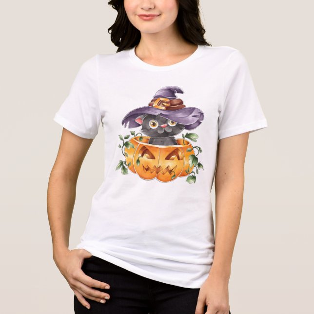 Camiseta Gato de Halloween de Cores Aquáticas (Frente)
