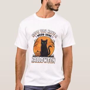 Camiseta Gato de Halloween Design de Gravura Vintage Meow-S