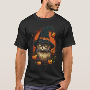 Camiseta Gato de Halloween Fantasia de Chapéu de Bruxa Abób