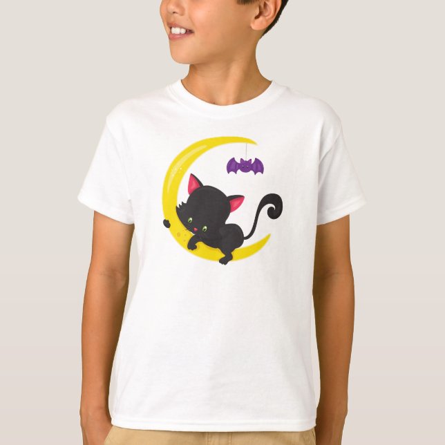 Camiseta Gato De Halloween, Gato Bonito, Gato Negro, Lua, B (Frente)