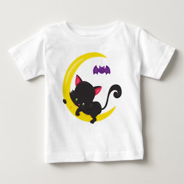 Camiseta Gato De Halloween, Gato Bonito, Gato Negro, Lua, B (Frente)
