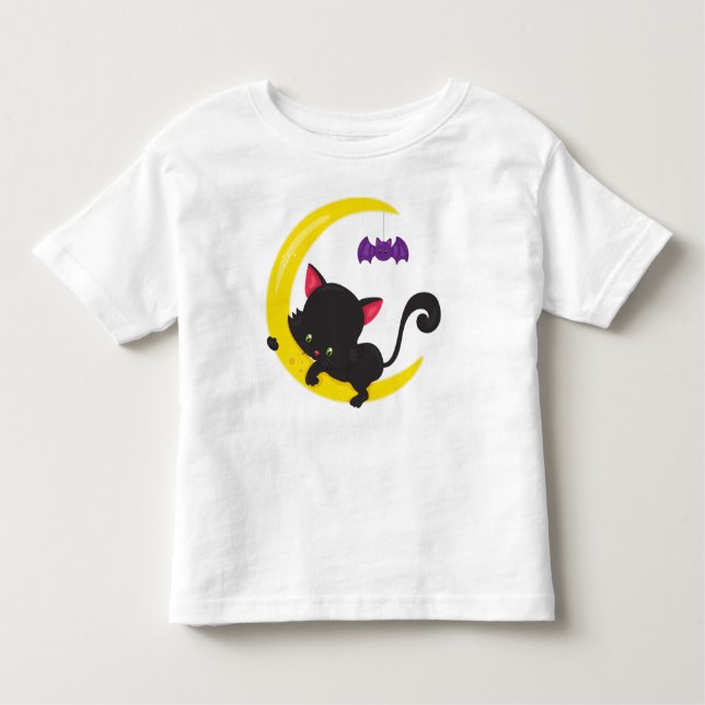 Camiseta Gato De Halloween, Gato Bonito, Gato Negro, Lua, B (Frente)