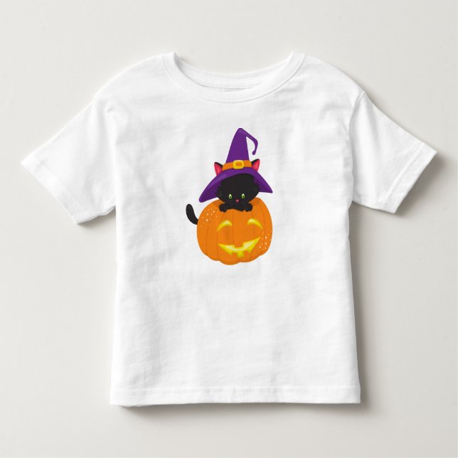Camiseta Gato de Halloween, Gato Negro, Chapéu de Bruxa, Ab (Frente)