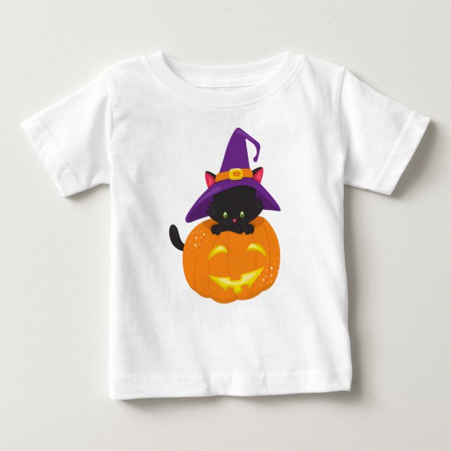 Camiseta Gato de Halloween, Gato Negro, Chapéu de Bruxa, Ab (Frente)