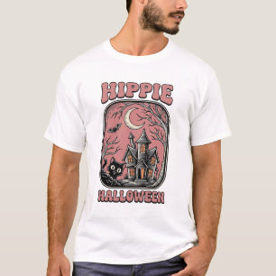 Camiseta Gato de Halloween Hippie Casa Assombrada Design Vi